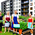 **

A vibrant, eye-level shot of a diverse group of young Polish adults participating in a community garden project in Warsaw. They are planting flowers and vegetables, laughing, and clearly enjoying themselves. In the background, there are modern apartment buildings with solar panels. Focus on conveying a sense of hope, collaboration, and urban sustainability. Include visual elements like reusable tote bags, gardening gloves, and water cans.

*Keywords: community garden, Warsaw, sustainability, Polish youth, eco-friendly, urban gardening, Poland, collaboration, reusable, solar panels.*

**