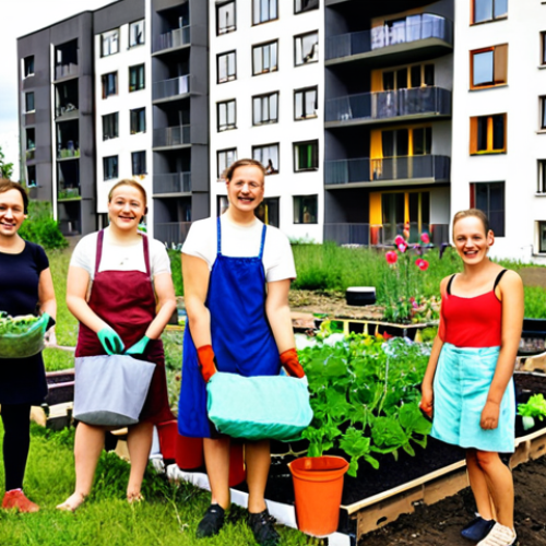 **

A vibrant, eye-level shot of a diverse group of young Polish adults participating in a community garden project in Warsaw. They are planting flowers and vegetables, laughing, and clearly enjoying themselves. In the background, there are modern apartment buildings with solar panels. Focus on conveying a sense of hope, collaboration, and urban sustainability. Include visual elements like reusable tote bags, gardening gloves, and water cans.

*Keywords: community garden, Warsaw, sustainability, Polish youth, eco-friendly, urban gardening, Poland, collaboration, reusable, solar panels.*

**