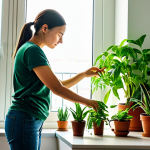 A person in comfortable, modest clothing, standing in a brightly lit modern apartment, gently watering a collection of various lush green houseplants on a windowsill. Sunlight streams through the window, highlighting the vibrant foliage. The scene conveys a sense of calm and connection with nature. The person has perfect anatomy, correct proportions, a natural pose, well-formed hands, and proper finger count. This is safe for work, appropriate content, fully clothed, and family-friendly professional photography, with high quality and natural lighting.