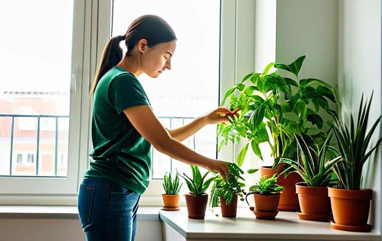 A person in comfortable, modest clothing, standing in a brightly lit modern apartment, gently watering a collection of various lush green houseplants on a windowsill. Sunlight streams through the window, highlighting the vibrant foliage. The scene conveys a sense of calm and connection with nature. The person has perfect anatomy, correct proportions, a natural pose, well-formed hands, and proper finger count. This is safe for work, appropriate content, fully clothed, and family-friendly professional photography, with high quality and natural lighting.