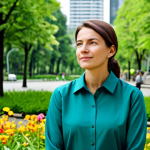 A serene professional woman in a modest, comfortable outfit, taking a deep, calm breath in a vibrant urban park. Lush green trees and colorful flowers surround her, with modern city buildings subtly visible in the background, symbolizing nature within the urban environment. The image conveys peace and mental well-being, safe for work, appropriate content, fully clothed, family-friendly, perfect anatomy, natural proportions, well-formed hands, proper finger count, natural body proportions, professional photography, high quality.