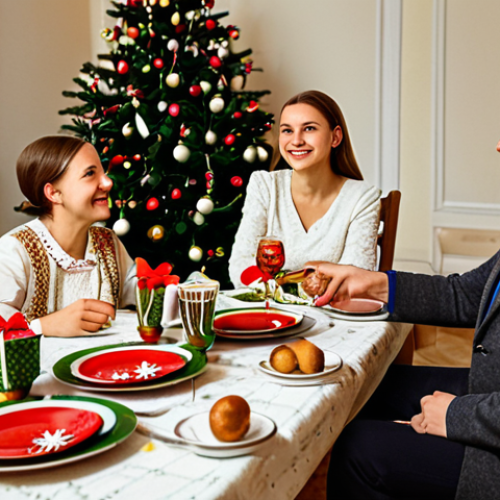 Family Tradition**

A heartwarming scene of a Polish family gathered around a table, fully clothed in traditional attire, celebrating Wigilia (Christmas Eve). The room is cozy and warmly lit, with a Christmas tree in the background. Focus on the expressions of love and togetherness, safe for work, appropriate content, family-friendly, perfect anatomy, natural pose, professional photography, high quality.

**